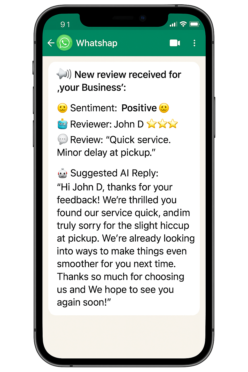 WhatsApp alert preview from ReviewByte
